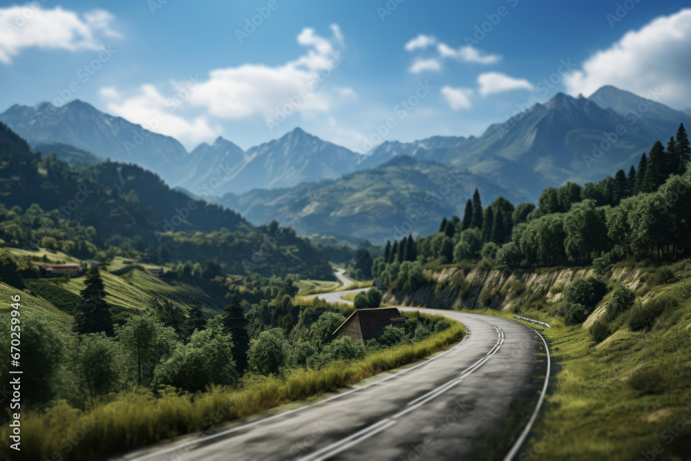 A picturesque rural road surrounded by lush greenery and mountains, highlighting the Concept of rural road infrastructure. Generative Ai.