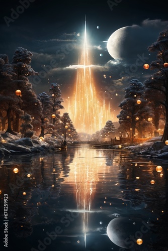 wonderland  the energy of light rushes up into space  lights along the river  winter forest at night  beautiful nature  fairytale environment