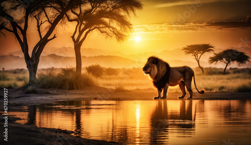 African landscape at sunset with silhouette of a big adult lion