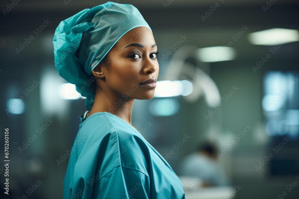 Female surgeon in a hospital ward. Top professions concept. Portrait with selective focus and copy space Female surgeon in a hospital ward. Top professions concept. Portrait with selective focus and copy space