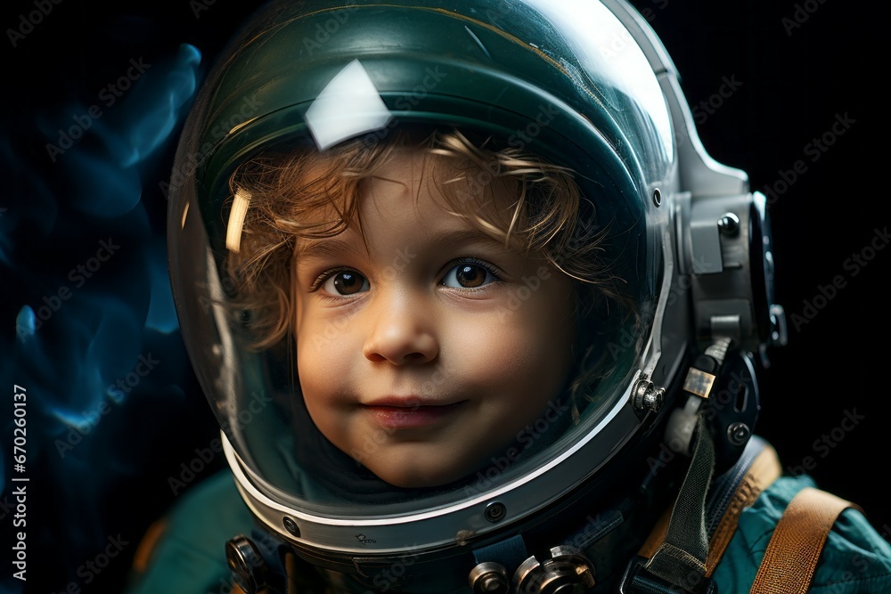 Portrait of a child in an astronaut costume with selective focus and copy space Portrait of a child in an astronaut costume with selective focus and copy space