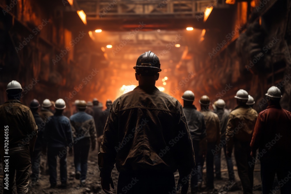 Workers standing near coal mine