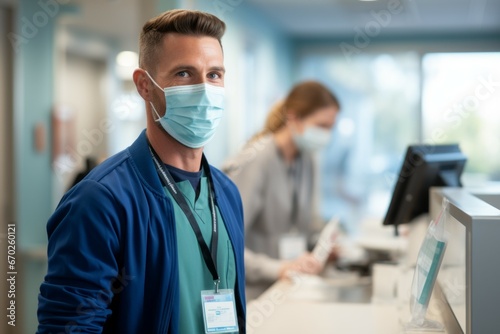Male employee at the reception in a hospital. Portrait with selective focus and copy space