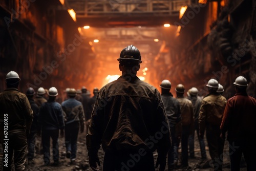 Workers standing near coal mine © Diatomic