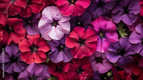 An overhead view of a cluster of Velvet Petunias in various shades of purple and red  forming a captivating floral arrangement.