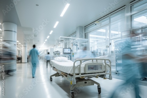 Motion blur in a hospital. Background with selective focus and copy space photo