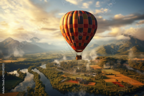 A hot air balloon floating gracefully over a picturesque landscape, capturing the Concept of aerial tourism. Generative Ai.