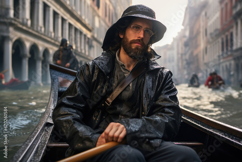 A tourist taking a scenic gondola ride through the canals of Venice, capturing the Concept of unique water-based transportation. Generative Ai.