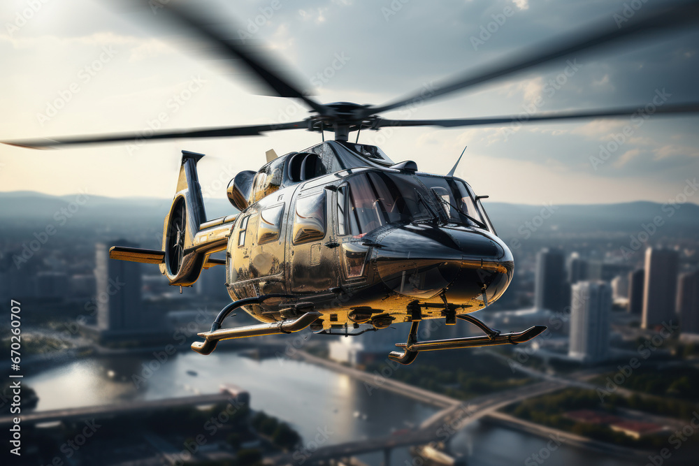 A helicopter taking off from an urban helipad, showcasing the Concept of air transport for urban commuting and sightseeing. Generative Ai. A helicopter taking off from an urban helipad, showcasing the Concept of air transport for urban commuting and sightseeing. Generative Ai.