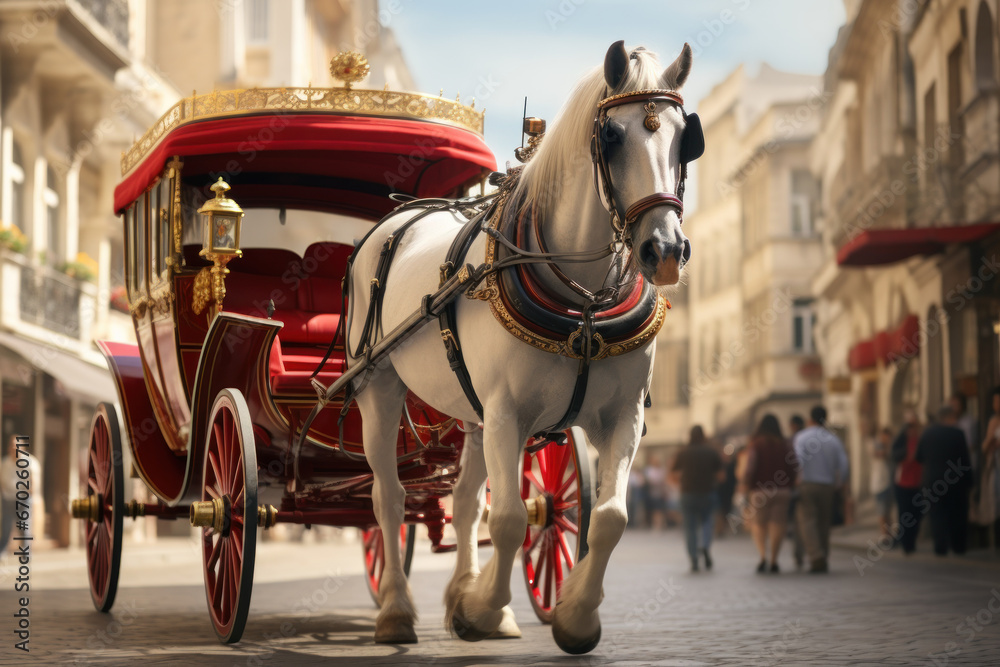 A traditional horse-drawn carriage carrying tourists through the historic streets of a European city, highlighting the Concept of heritage tourism. Generative Ai. A traditional horse-drawn carriage carrying tourists through the historic streets of a European city, highlighting the Concept of heritage tourism. Generative Ai.