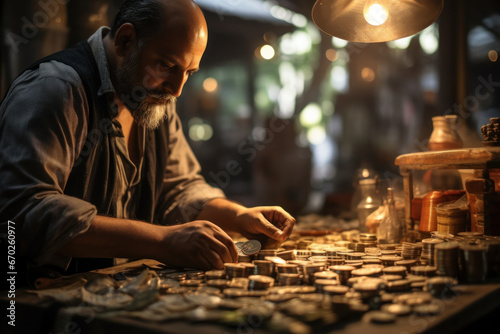 A merchant counting money and making transactions at a street market  highlighting the Concept of small-scale entrepreneurship and local trade. Generative Ai.