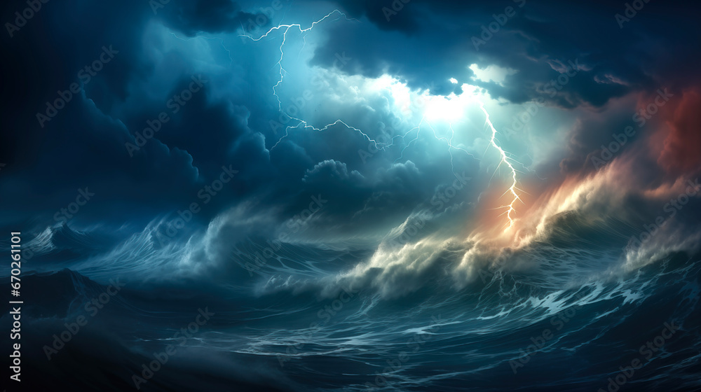 heavy lightning storm over the sea
