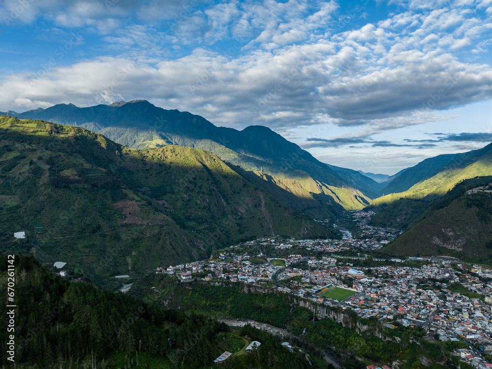 Fototapeta premium Beautiful aerial view of the Ecuadorian Andes at sunset. City of Banos.