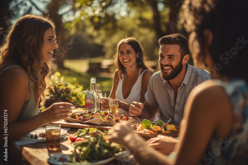 A group of friends enjoying a picnic in a park, with a spread of healthy, homemade dishes. Concept of outdoor dining and nutrition. Generative Ai.