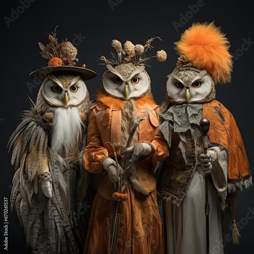 A picture of three owls wearing orange costumes.