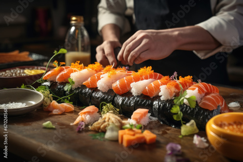 A sushi chef expertly preparing sushi rolls with fresh seafood and vegetables. Concept of Japanese cuisine and seafood. Generative Ai.