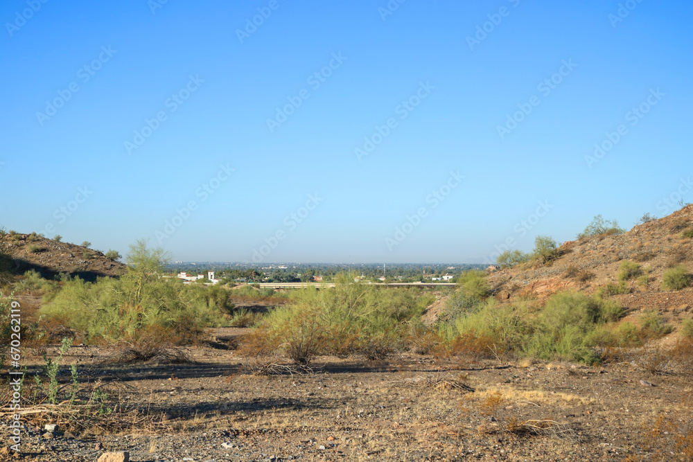 City of Phoenix and State Route 51 as seen from Dreamy Draw recreation area, Arizona family-friendly mountain preserve