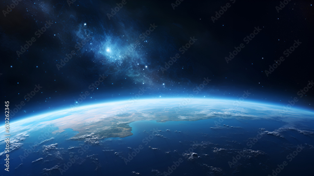 Surface of blue planet Earth in deep space with galaxies of stars on the background. close-up. Wallpaper from dark space. Satellite view of planet earth and space.