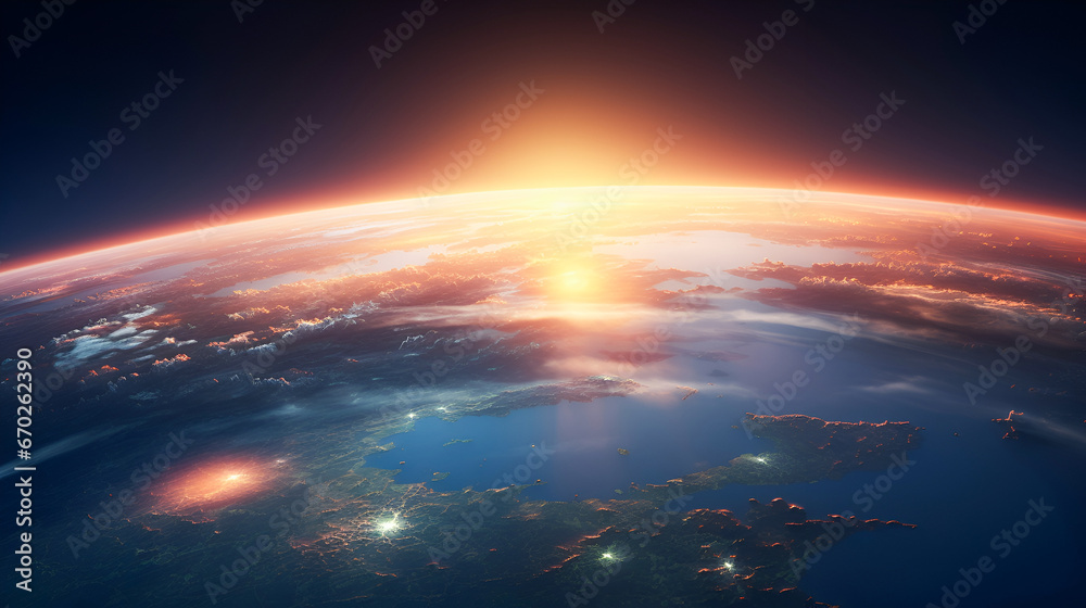 Sunrise over planet Earth in space. The concept of global warming and climate change on planet earth. Sunrise over planet Earth in space. The concept of global warming and climate change on planet earth.