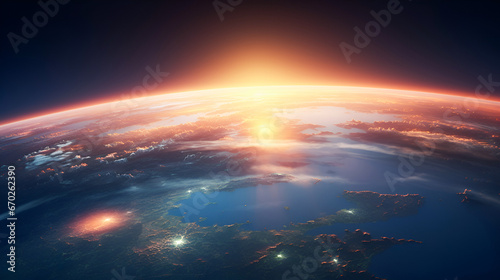 Sunrise over planet Earth in space. The concept of global warming and climate change on planet earth. © Tetiana