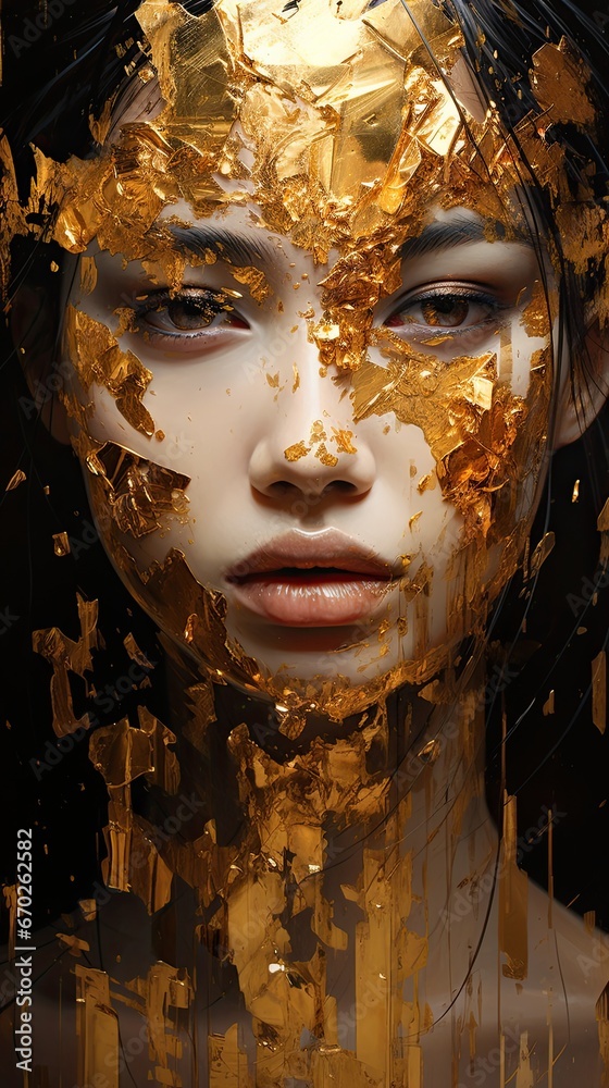 A picture of a face of a beautiful Asian girl with dark eyes, covered with a layer of golden leaves.