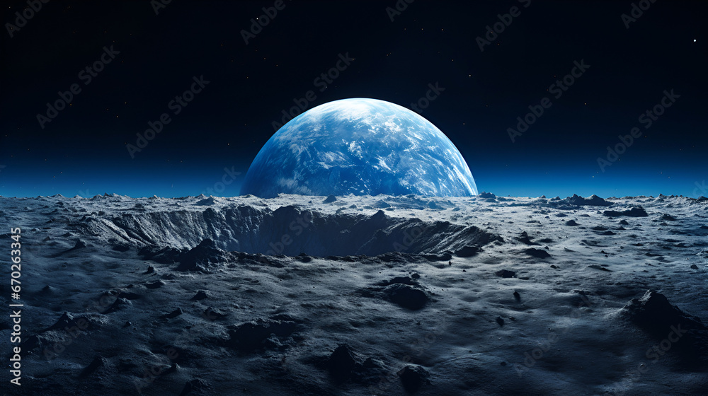 View from the surface of the Moon to the blue planet earth. Lunar landscape in cool blue tones. Huge craters on the surface of the moon and a view of the earth - obrazy, fototapety, plakaty 