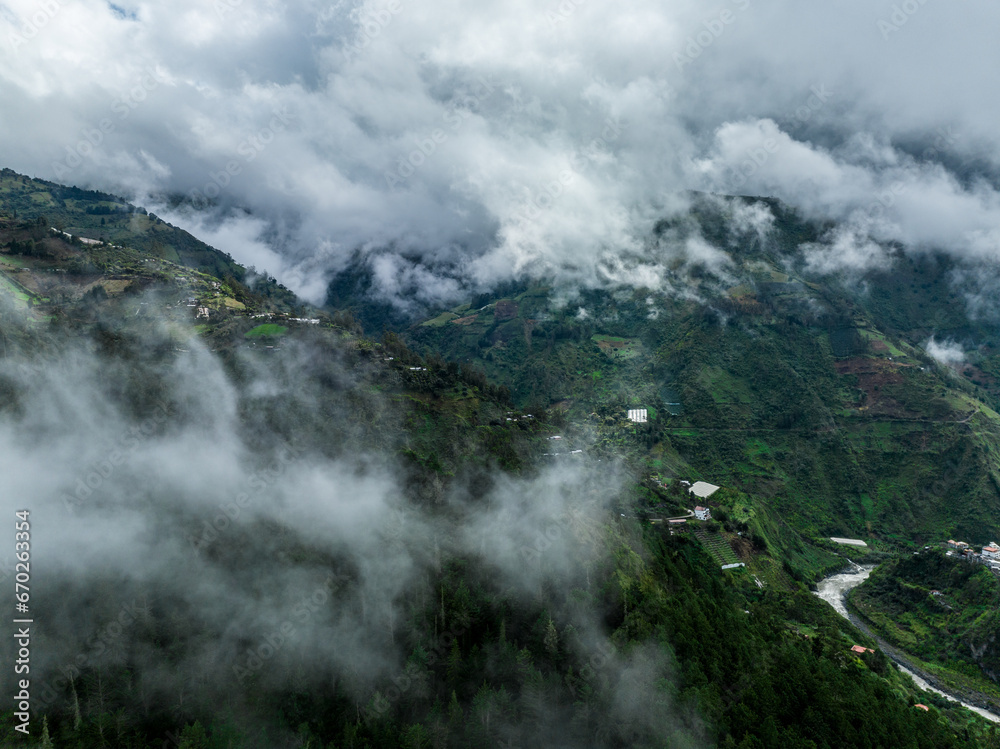 Beautiful aerial view of the Ecuadorian Andes. City of Banos.