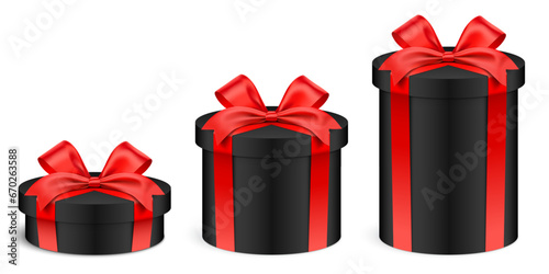 Different height round shape black gift boxes wrapped with red ribbons, isolated on background. Tall, low and normal size realistic cylindrical giftbox set, vector illustration.