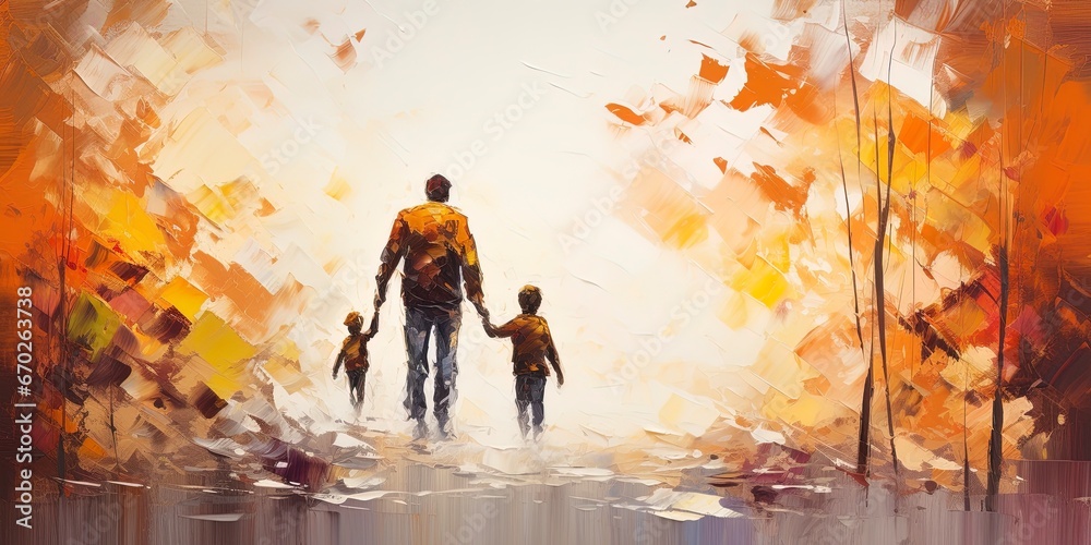 Lonely father walking hand in hand with son child. Concept illustration for divorce, death of a parent, loving father - obrazy, fototapety, plakaty 