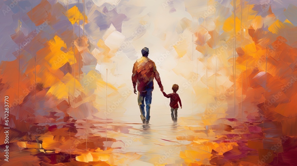 Lonely father walking hand in hand with son child. Concept illustration for divorce, death of a parent, loving father Lonely father walking hand in hand with son child. Concept illustration for divorce, death of a parent, loving father