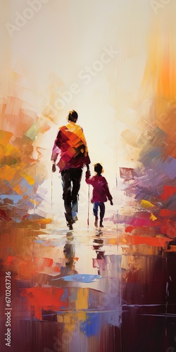 Lonely father walking hand in hand with son child. Concept illustration for divorce, death of a parent, loving father
