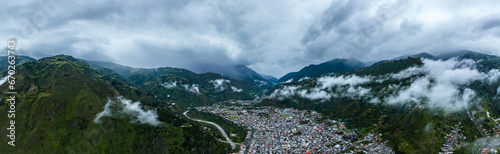 Beautiful aerial view of the Ecuadorian Andes. City of Banos.
