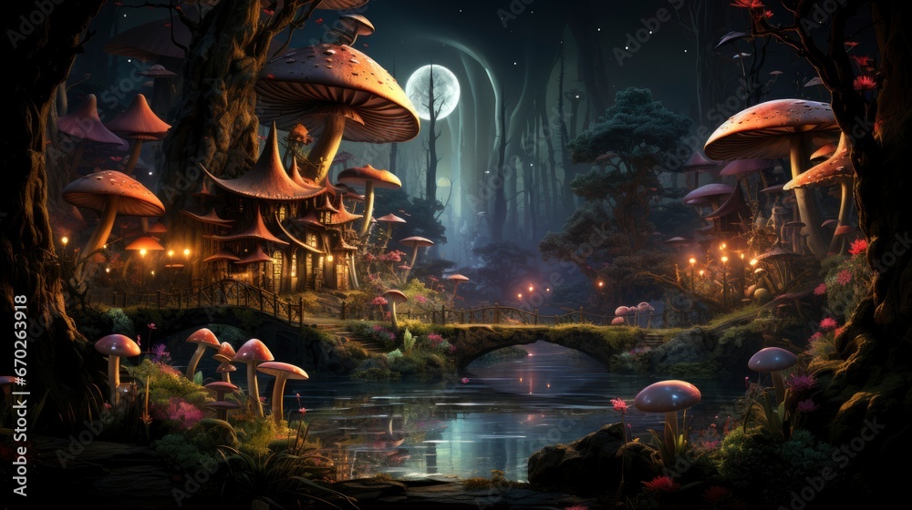 Obraz premium Mystical forest scene with illuminated mushrooms, magical castle, glowing lights, and serene pond reflections.