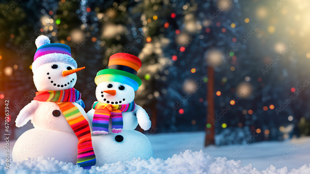 Beautiful happy snowman in the middle of nature in an outdoor environment with colorful scarves representing the alternative and gender community