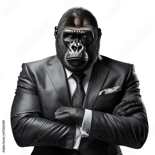 Businessman gorilla ape in suit is standing isolated on white background. Generative AI image illustration. Business animals concept