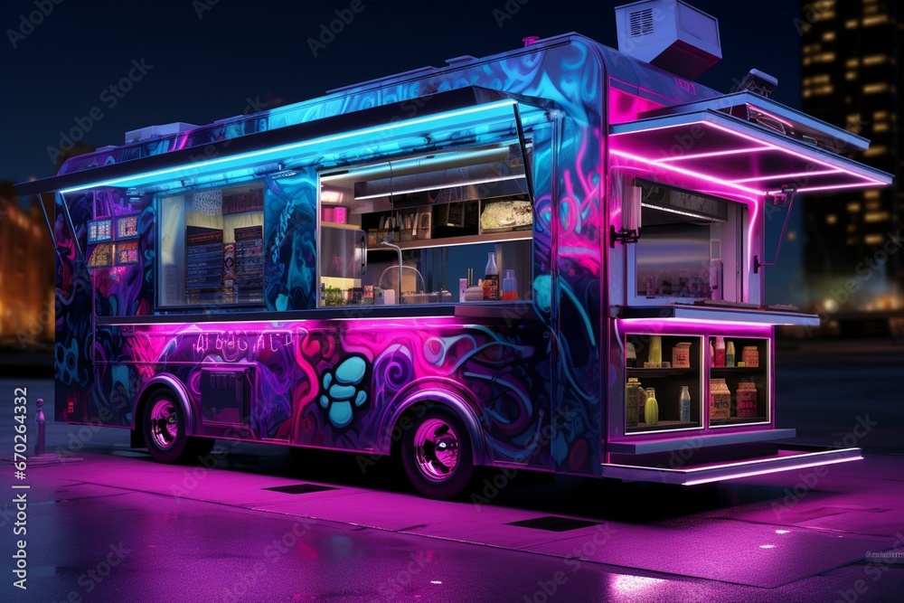 Modern food truck with elaborate interior, standalone in vibrant