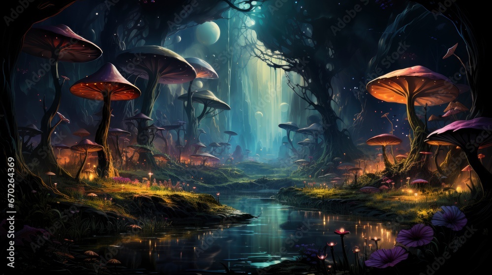 Obraz premium Mystical forest scene with illuminated mushrooms, magical castle, glowing lights, and serene pond reflections.