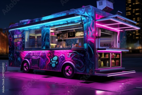 Modern food truck with elaborate interior, standalone in vibrant lighting. Ready-to-go meals and beverages. Computer-generated visuals. Generative AI