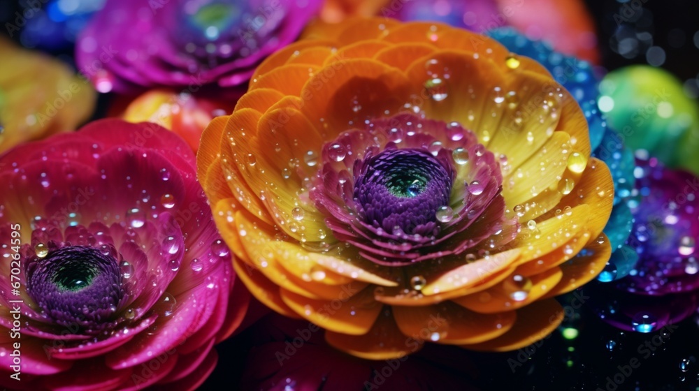 Close-up of a stunning Rainbow Ranunculus bloom with water droplets glistening in