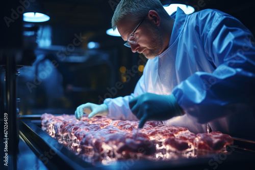 A biotechnologist working on innovative lab-grown meat, reducing the environmental impact of traditional agriculture. Concept of sustainable food production. Generative Ai. photo