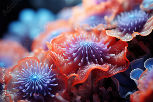 A close-up of coral polyps, constructing intricate reefs that shelter marine life. Concept of marine biology and reef ecosystems. Generative Ai.