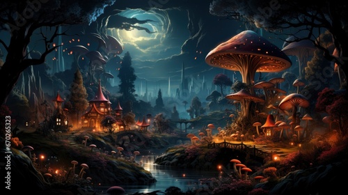 Mystical forest scene with illuminated mushrooms, magical castle, glowing lights, and serene pond reflections.