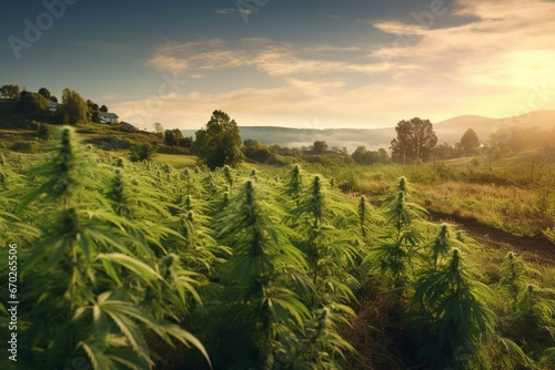 Young cannabis plants, a farm field, and a hemp business. Generative AI © Thea