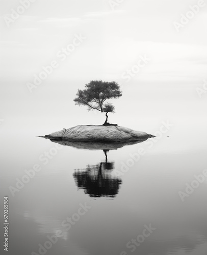 Sinfonía de la Naturaleza: Una Isla Solitaria y un Árbol Antiguo en el Centro de la Fotografía, en Blanco y Negro con Filtro de Densidad Neutra