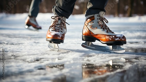 A close-up of ice skates gliding effortlessly 