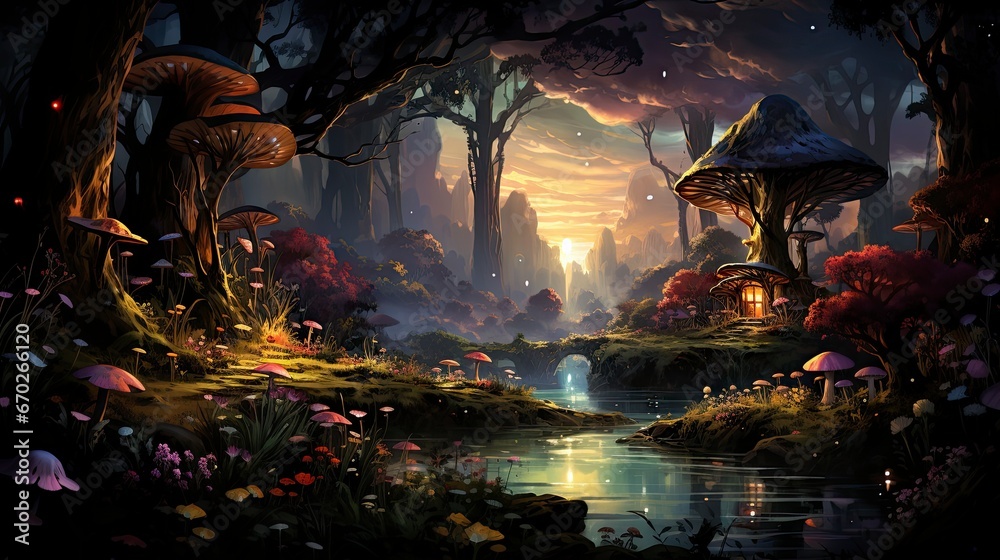 Fototapeta premium Mystical forest scene with illuminated mushrooms, magical castle, glowing lights, and serene pond reflections.