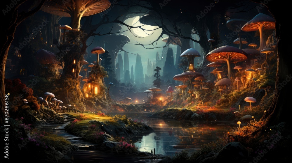 Mystical forest scene with illuminated mushrooms, magical castle, glowing lights, and serene pond reflections. Mystical forest scene with illuminated mushrooms, magical castle, glowing lights, and serene pond reflections.