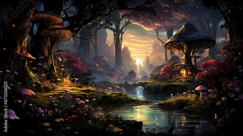 Mystical forest scene with illuminated mushrooms  magical castle  glowing lights  and serene pond reflections.