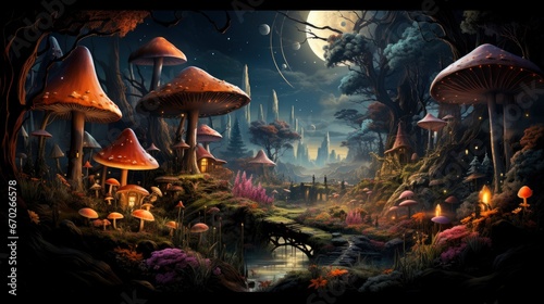 Mystical forest scene with illuminated mushrooms, magical castle, glowing lights, and serene pond reflections.