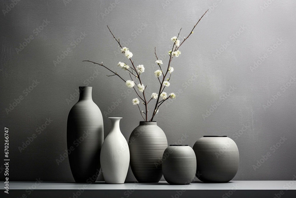 Minimalistic gray composition with design vases. Generative AI